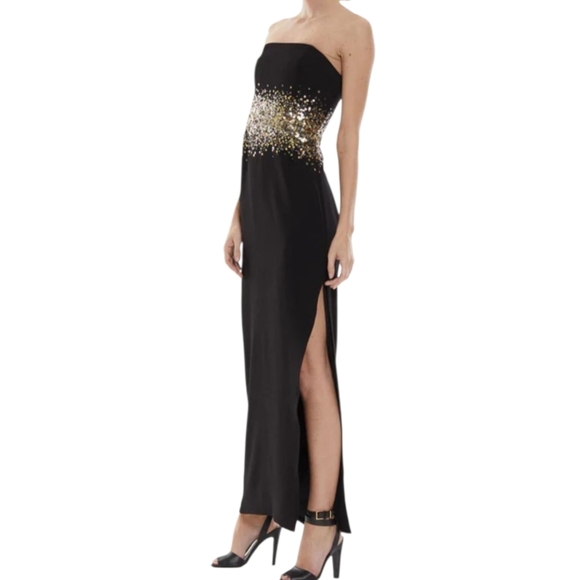Women's Halston Sofi Gown Columm Crape Strapless Black Dress Gold Sequins 12 - Picture 2 of 15